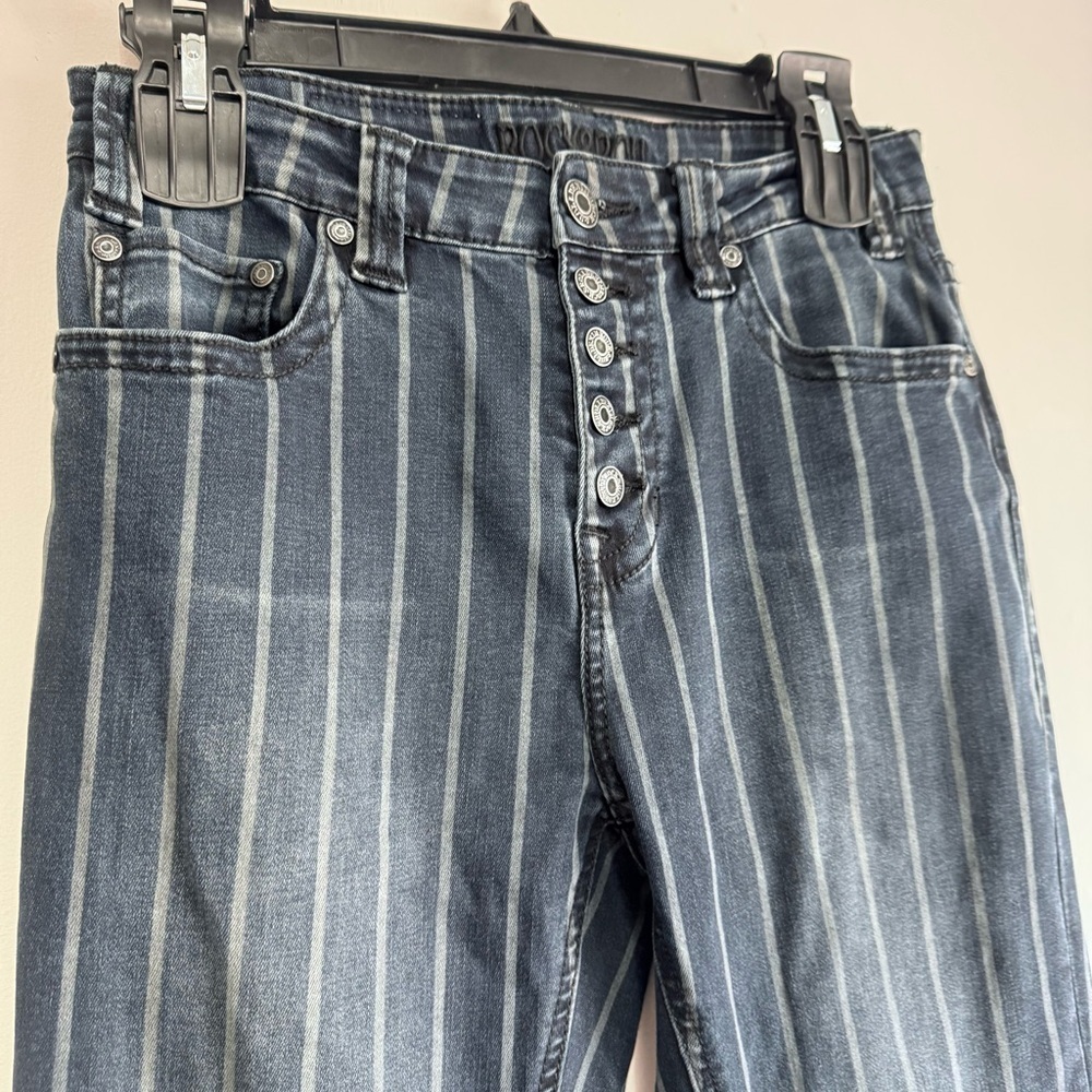 Rock & Roll Cowgirl Striped High Rise Flare Jeans 27x36 Pinstripe Button Fly - Picture 4 of 10
